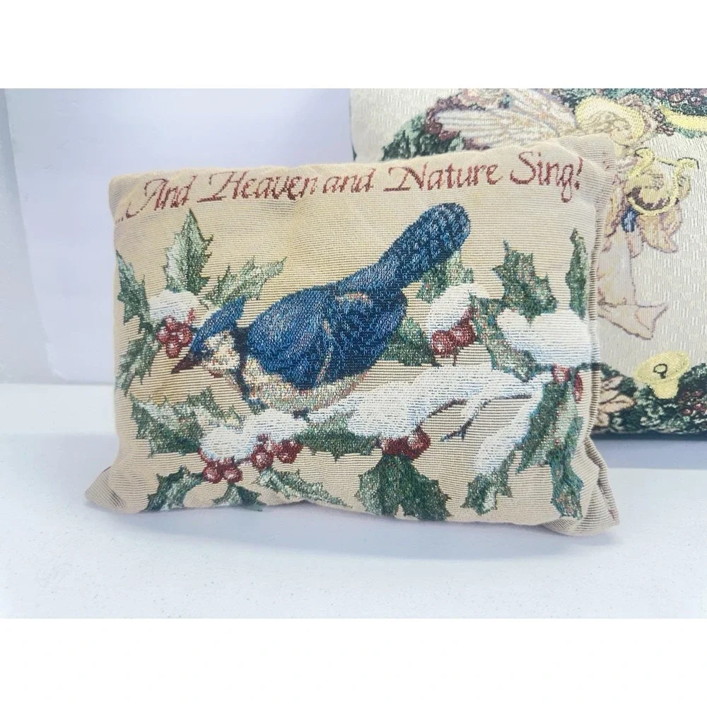 Vintage Christmas Tapestry Pillows Lot 2 Angels Bird Heaven Nature Sing Holiday